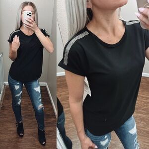 89th & Madison | Black silver studded shoulder top size small